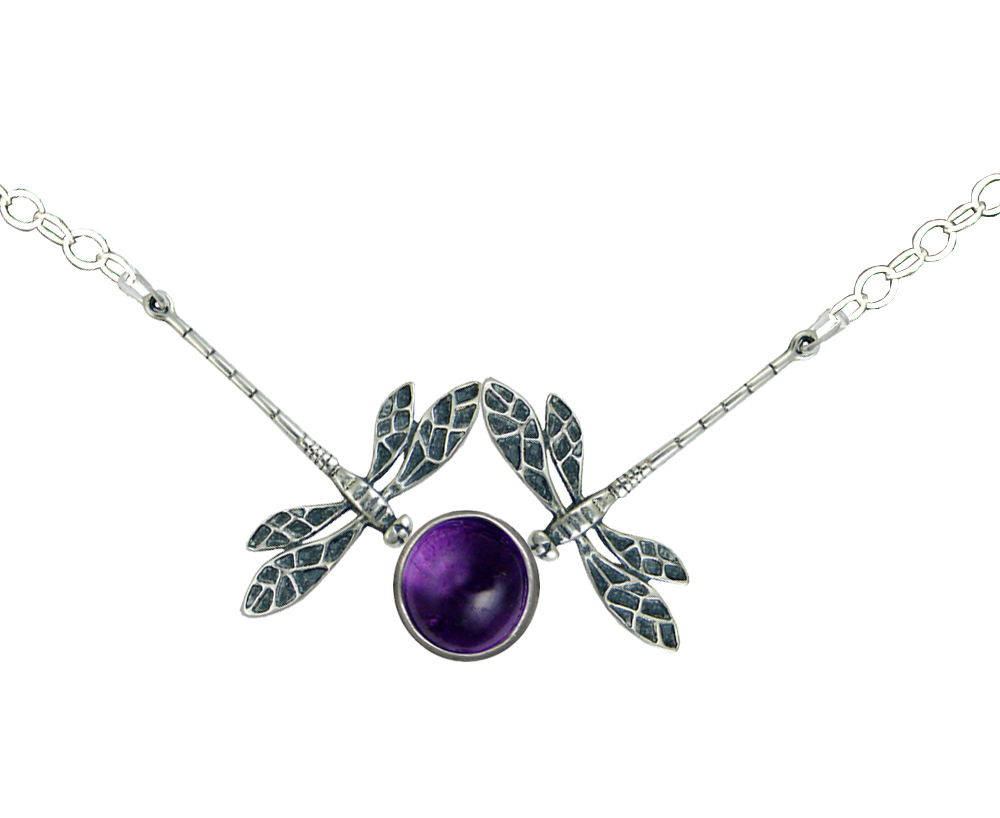 Sterling Silver Double Dragonfly Necklace With Amethyst